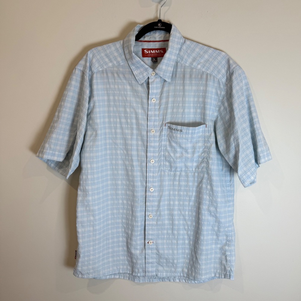 SIMMS Fishing Men's Plaid Short Sleeve Button Up Shirt Size L Blue White